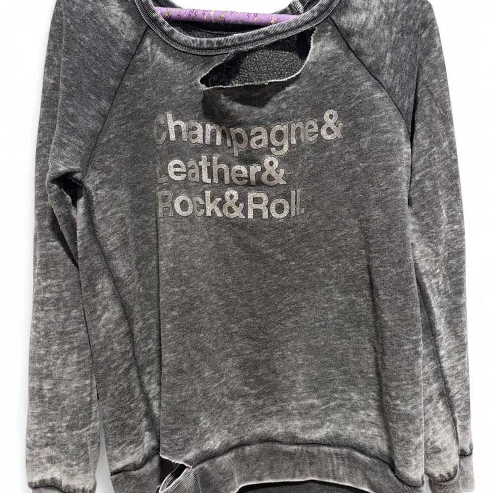 Champagne & Leather & Rock & Roll Distressed Acid-Wash Sweatshirt XS Grey